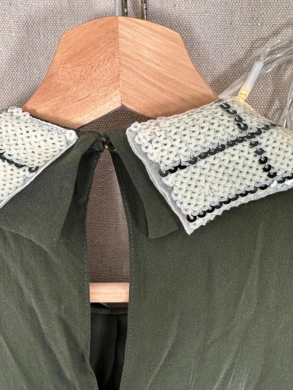 Silk Olive Shift Mini w/ Check Peter Pan Collar & Cuffs | English Ivy–Inspired - Picture 13 of 16